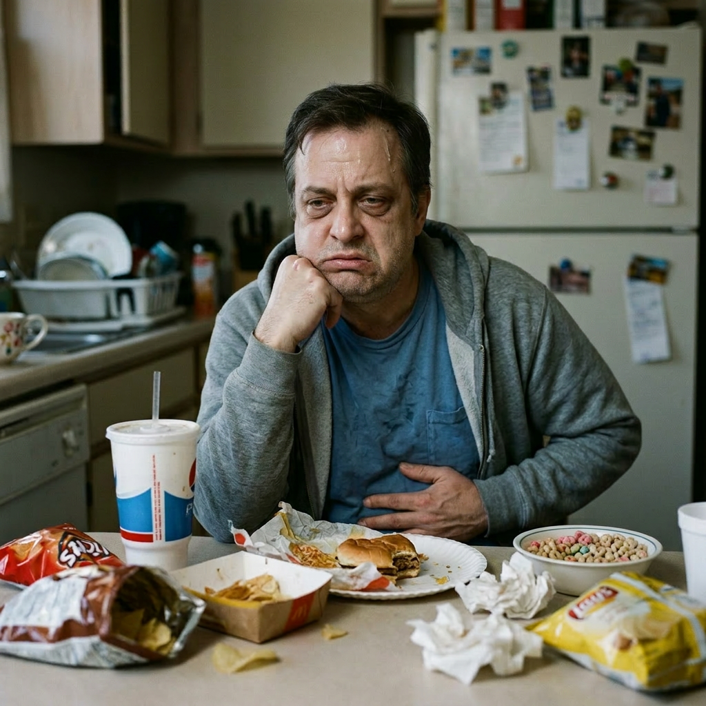 Man holding stomach with a pained expression sitting at a kitchen table with fast food and snacks