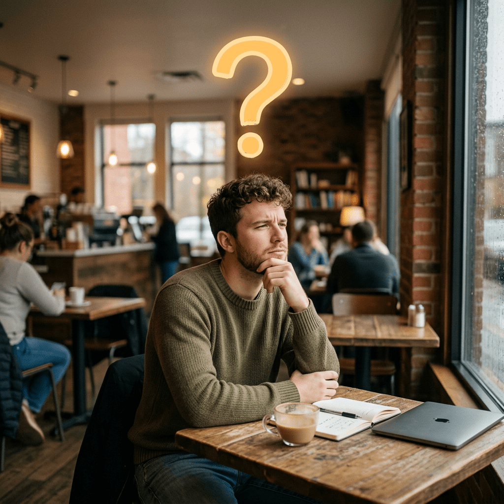 Man sitting at a café table looking out the window with a thinking expression and a question mark above his head