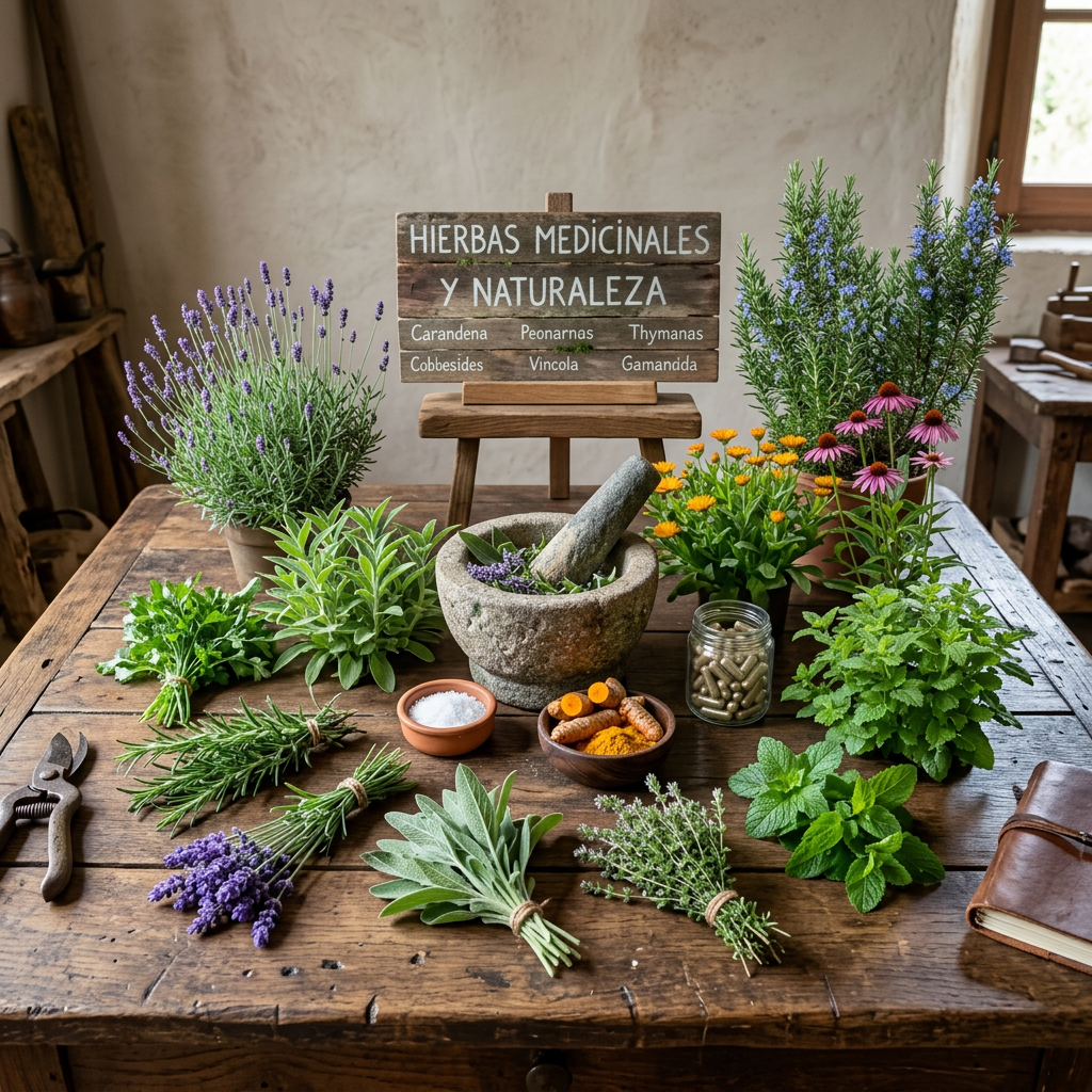 Garden bed with diverse medicinal herbs and flowers including lavender and echinacea