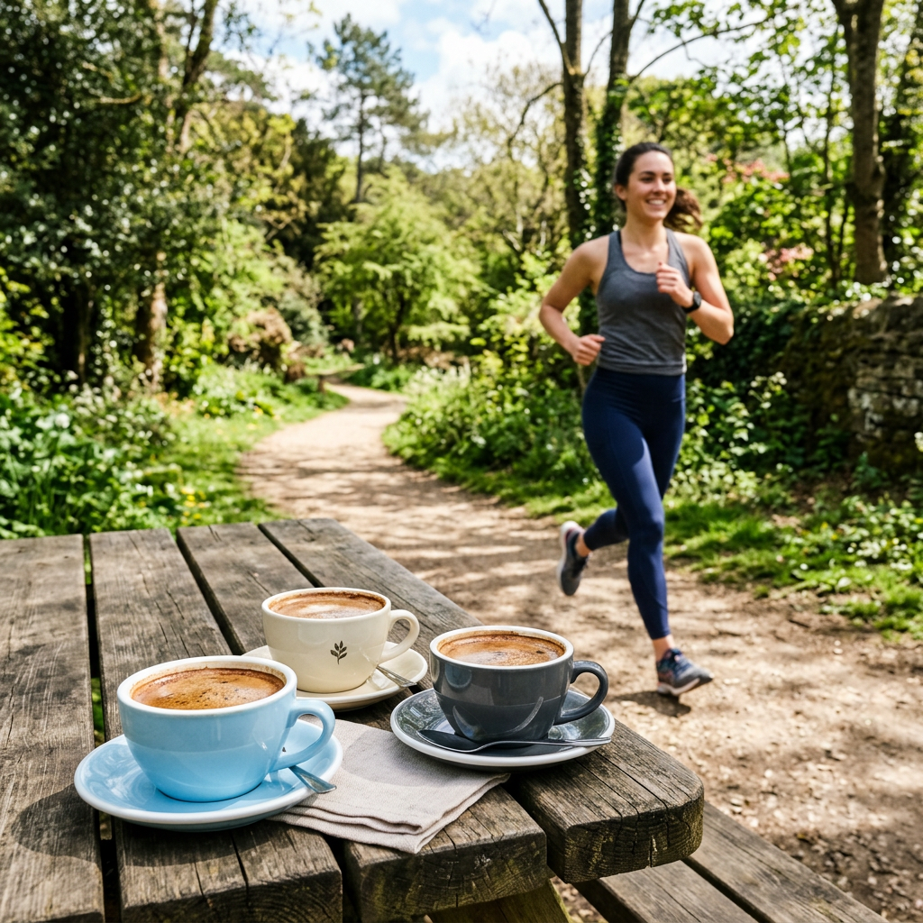 Three cups of coffee on a wooden picnic table with a woman jogging on a dirt path in a green park
